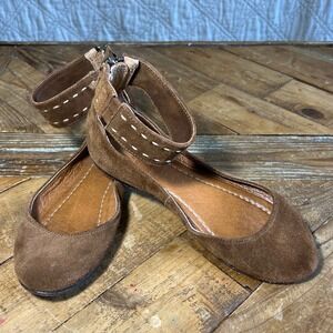 Frye Suede Ankle Strap Ballet‎ Flats Brown Stitching Zipper Women's Size 6M